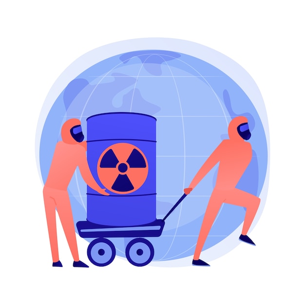 Radioactive barrels. People in protective suits with biological weapon. Chemical products