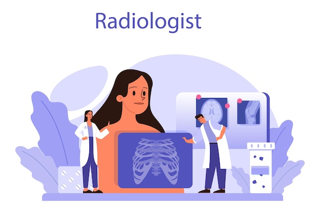 Radiologist concept Doctor examing Xray image of human body with computed tomography MRI and ultrasound Idea of health care and disease diagnosis Isolated vector illustration in cartoon style