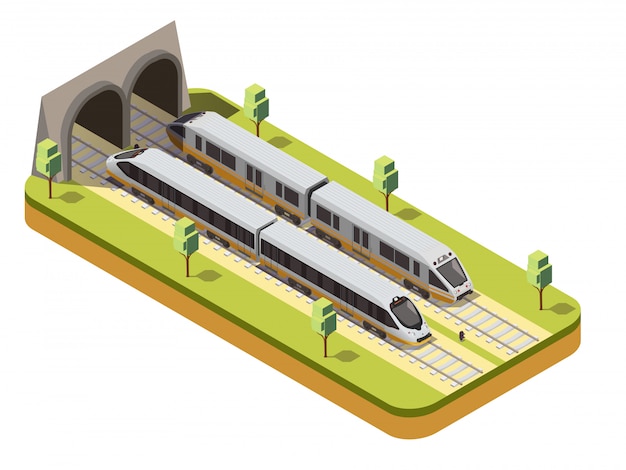 Rail bus and high speed passenger train entering railway tunnel under viaduct bridge isometric composition 