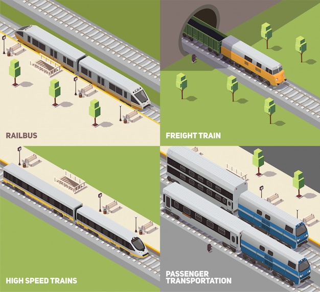 Free Vector railbus freight cargo and high speed trains passenger transportation concept 4 isometric icons set isometric 