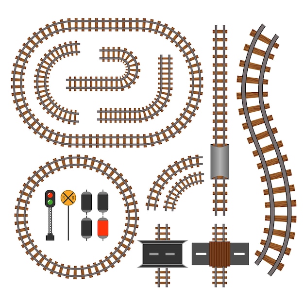 Free vector railroad and railway tracks construction elements. wavy trackway structure for traffic train illustration