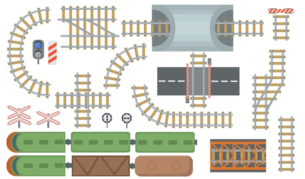 Free vector railroad and railway tracks flat elements set. top view of rail station and train lines isolated vector illustration collection. view from above. construction and industrial map concept