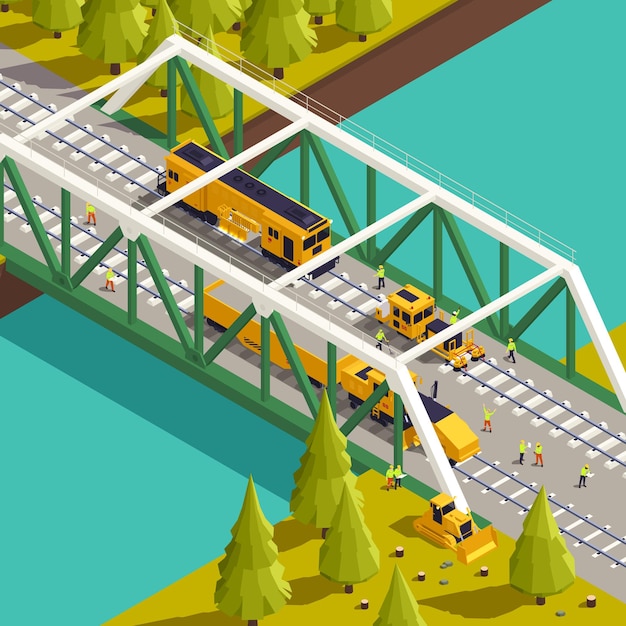 Free Vector railroad track laying construction vehicles railway equipment machines isometric composition with outdoor view of train bridge vector illustration