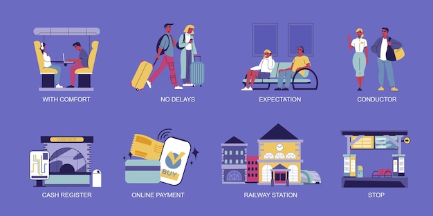 Free Vector railway station icons set with cash register and online payment isolated vector illustration