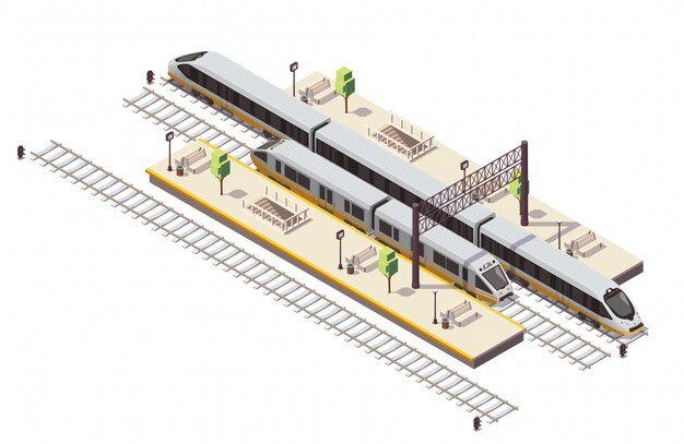 Railway station isometric composition with passenger platforms staircase tunnel entrance rail bus and high speed train 