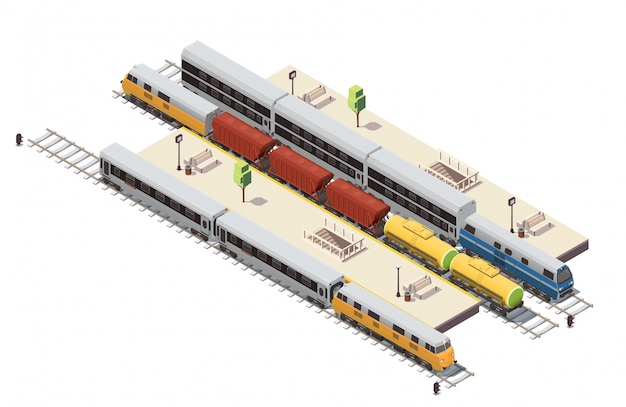 Railway station isometric composition with passenger platforms tunnel staircase entrance freight train and double decker illustration