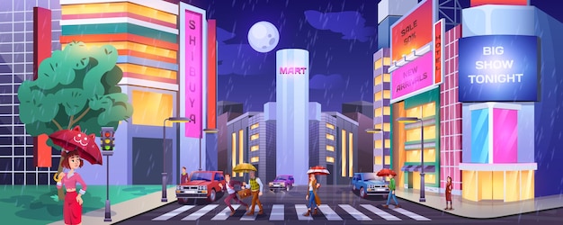 Free Vector rain in dark city. paddles with umbrellas crossing road. people at crosswalk with cars. wet and rainy weather in night town cartoon vector with hotel, shops or cafe illuminated buildings facades.