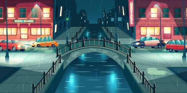 Rain on night town street cartoon vector. Police and taxi cars going on city road illuminated with lampposts, crossing river or water channel with retro arch bridge in rainy, wet weather illustration