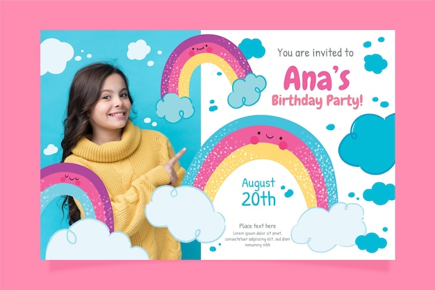 Rainbow birthday invitation with photo