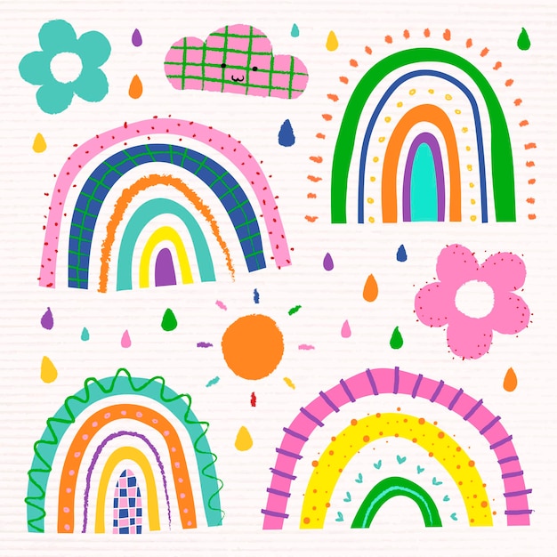 Rainbow in funky doodle style vector set