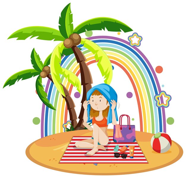 Free Vector rainbow on the island with a girl on the beach