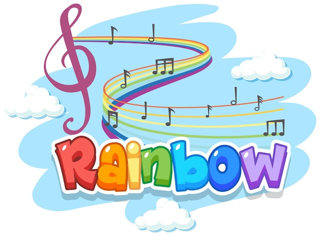 Rainbow word logo in the sky with melody symbols