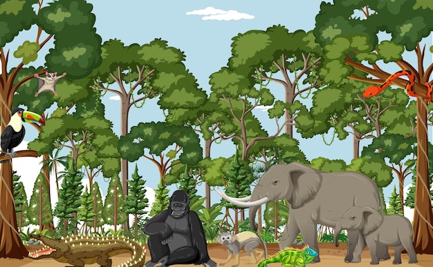 Rainforest scene with wild animals