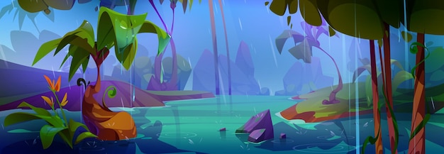 Free Vector rainy day in tropical forest vector cartoon illustration of jungle landscape with river or lake exotic flowers and palm trees stones in water raindrops falling from cloudy sky flooded island