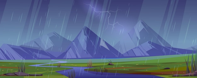 Free vector rainy mountain valley landscape with river vector cartoon illustration of rainfall drops falling on green grass lightning bolt in dull cloudy sky stormy weather water flowing from rocky range