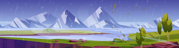 Free Vector rainy summer landscape with lake and mountains