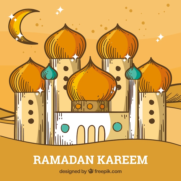 Free vector ramadan background with mosque in hand drawn style