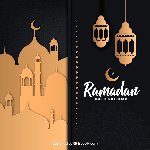 Ramadan background with mosque and lamps in paper texture