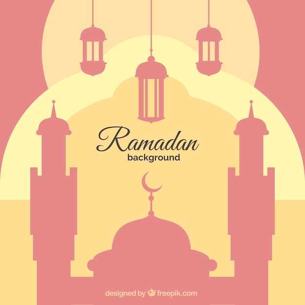 Ramadan background with mosque and lanterns