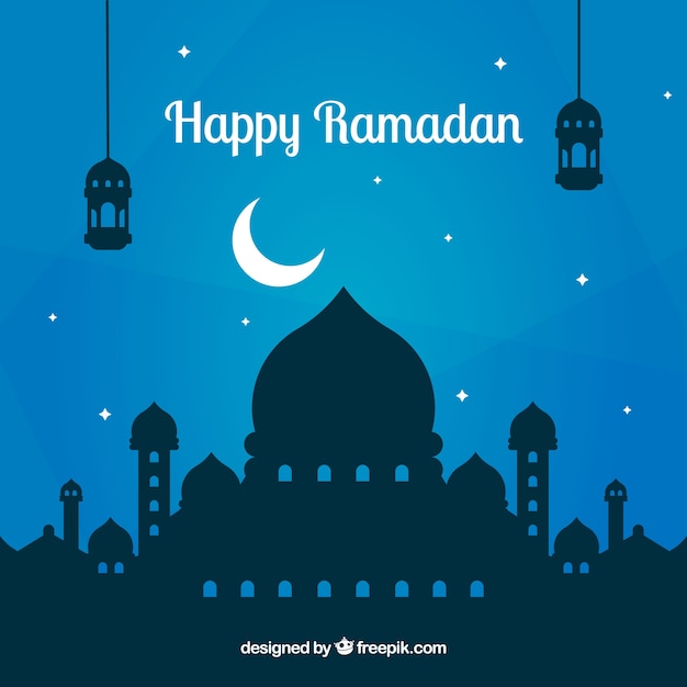 Ramadan background with mosque silhouette in flat style