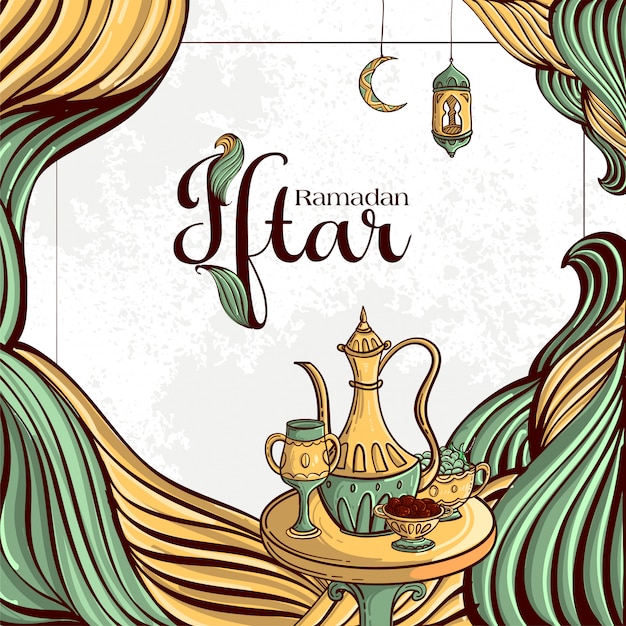 Ramadan Iftar Party Greeting Card with Hand drawn Dates and Islamic Food on White Grunge Background.