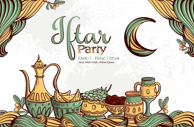 Ramadan Iftar Party Greeting Card with Hand drawn Dates and Islamic Food on White Grunge Background.