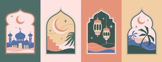 Free Vector ramadan kareem arches old islamic window shape with crescent moon lanterns and mosque dome in