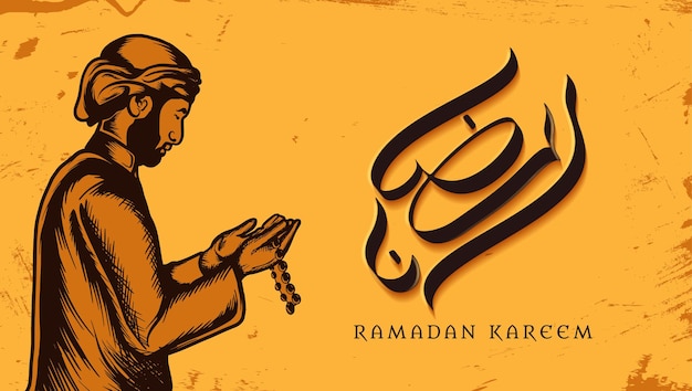 Ramadan kareem background man pray using prayer beads vector illustration