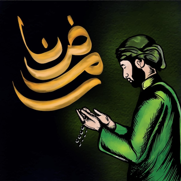 Ramadan kareem background man pray using prayer beads vector illustration