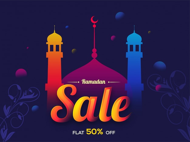  Ramadan Kareem background with colorful mosque and floral design decoration, Can be used as Sale poster, banner or flyer design. 