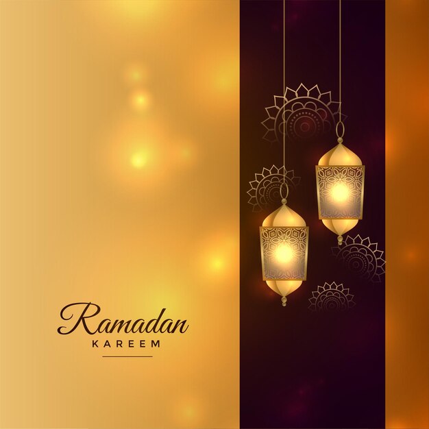 Ramadan kareem golden festival card with islamic lantern background