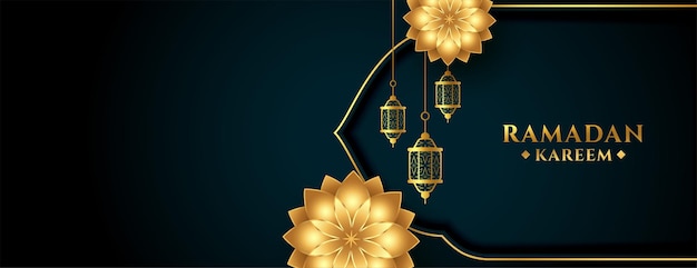 Free vector ramadan kareem golden flower and lantern banner design