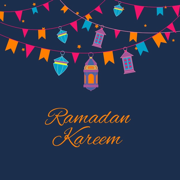 Free Vector ramadan kareem greeting card with lanterns garland, arabic lamps