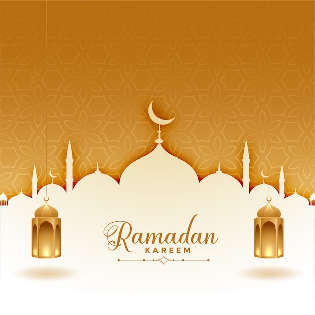 Ramadan kareem greeting card with mosque and lanterns