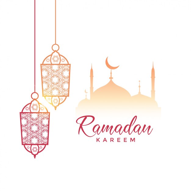 ramadan kareem greeting design with hanging lamps and mosque