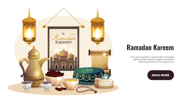 Ramadan kareem horizontal banner with glowing lanterns and traditional food illustration