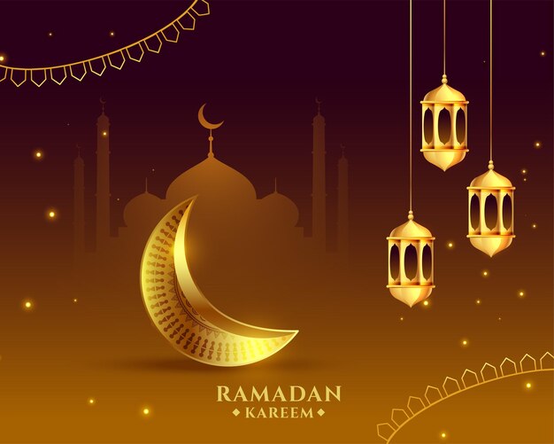 Ramadan kareem islamic greeting with golden moon and lantern design