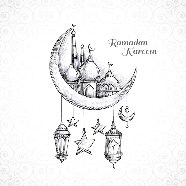 Free vector ramadan kareem islamic moon and mosque sketch card background