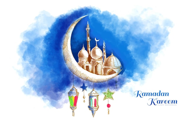 Free Vector ramadan kareem islamic moon and mosque sketch card background