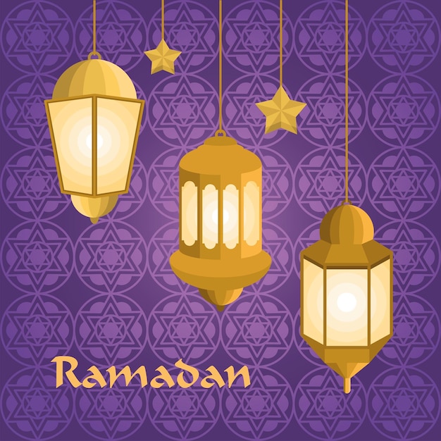 ramadan kareem lettering with lamps