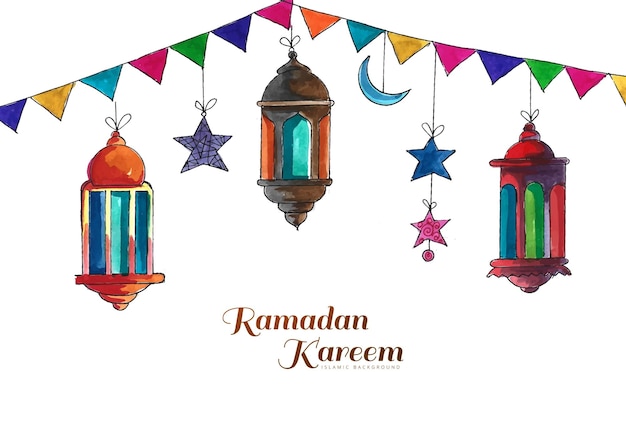 Ramadan Kareem three colorful traditional islamic lamps card background