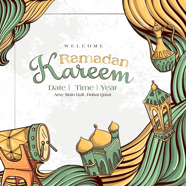 Ramadan Kareem with Hand drawn Islamic Illustration ornament on White Grunge Background