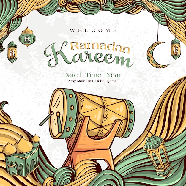 Ramadan Kareem with Hand drawn Islamic Illustration ornament on White Grunge Background