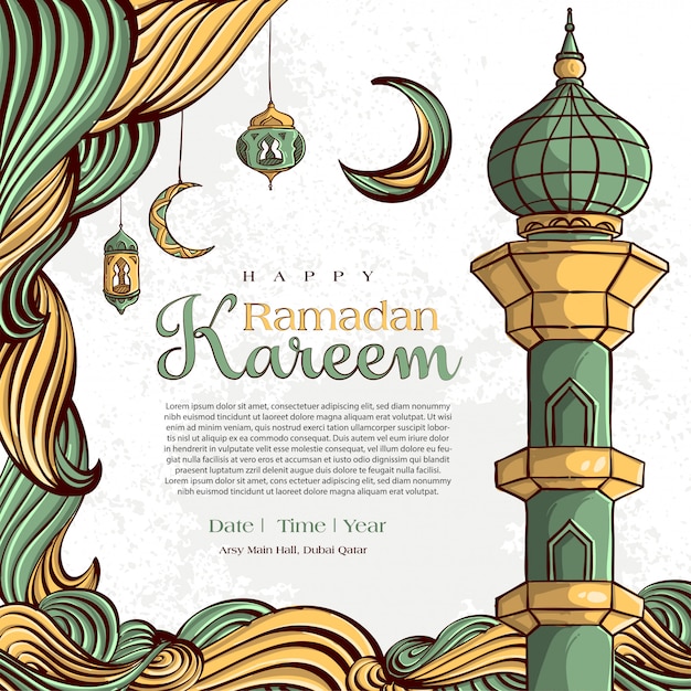 Ramadan Kareem with Hand drawn Islamic Illustration ornament on White Grunge Background