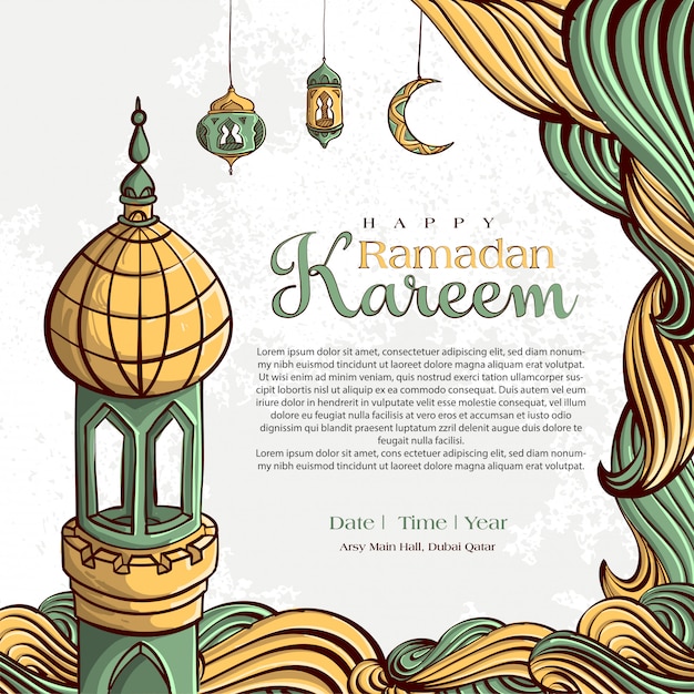 Ramadan Kareem with Hand drawn Islamic Illustration ornament on White Grunge Background