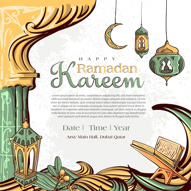 Ramadan Kareem with Hand drawn Islamic Illustration ornament on White Grunge Background