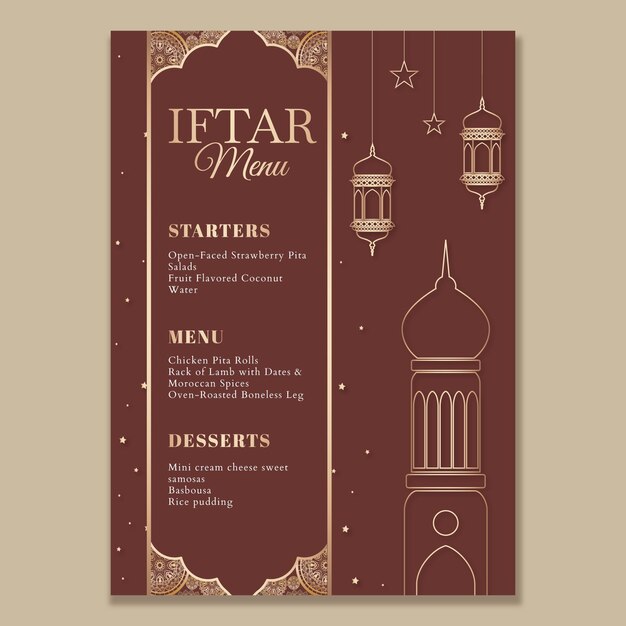 Ramadan menu template with mosque and lanterns