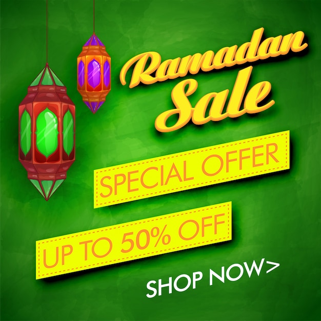 Free Vector  ramadan sale with special discount offer. creative green background with hanging lamps decoration for muslim community festivals celebration. 