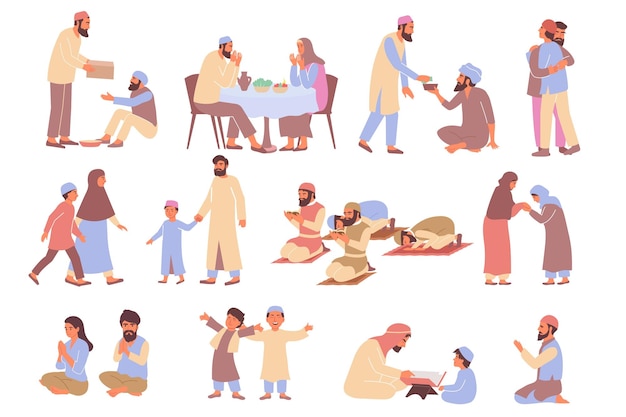 Free Vector ramadan set of flat icons and isolated images of praying muslim people with imam and kids vector illustration