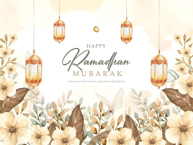 Ramadhan mubarak greeting card background with floral garden painting